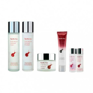 Набор: крем для лица, тонер, эмульсия, крем для век и две миниатюры с муцином улиткой Farmstay